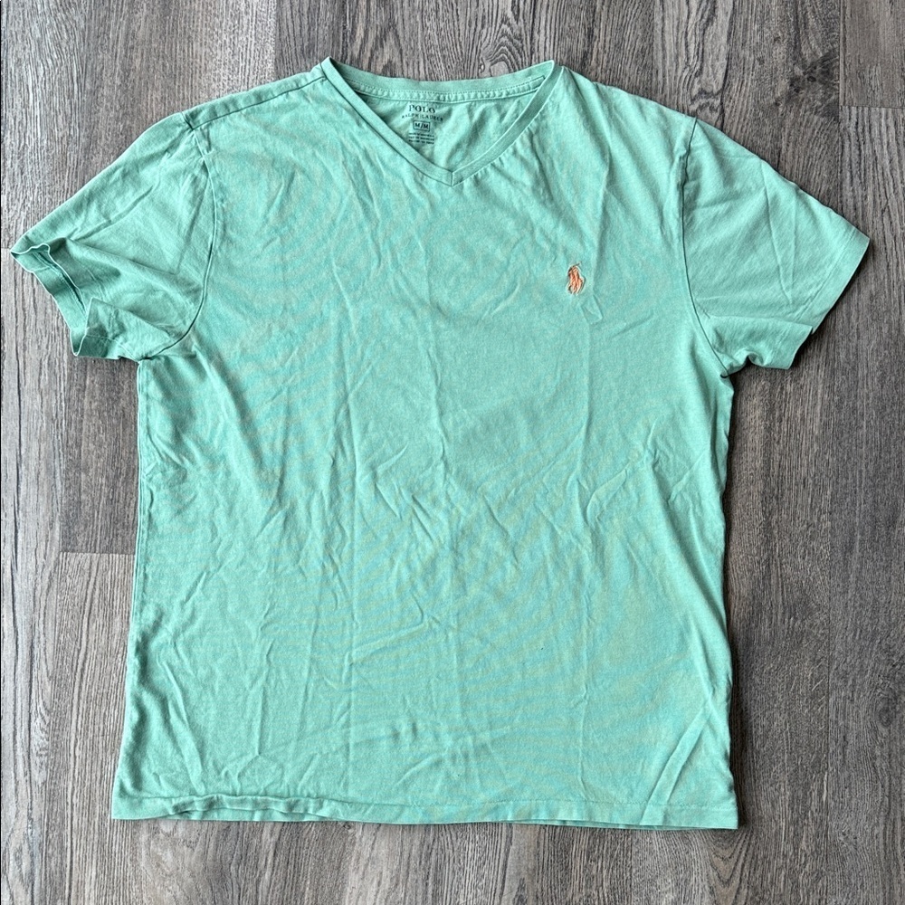 Polo Ralph Lauren Tee Green Cotton Classic Fit Jersey V-Neck T-Shirt Size Medium